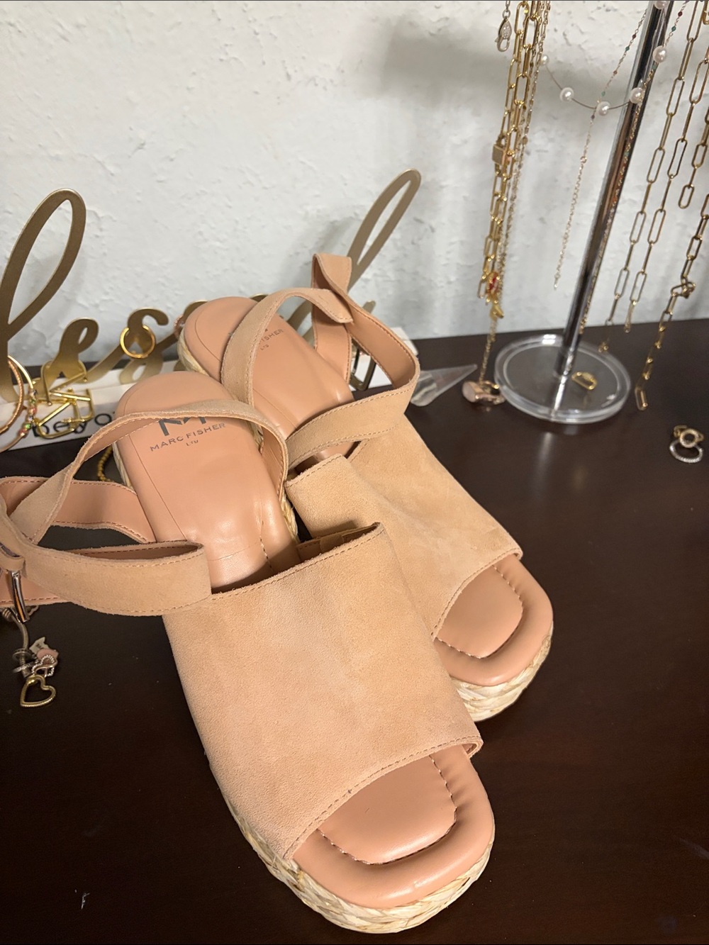 Marc Fisher Beige Suede Espadrille Wedge Sandals
